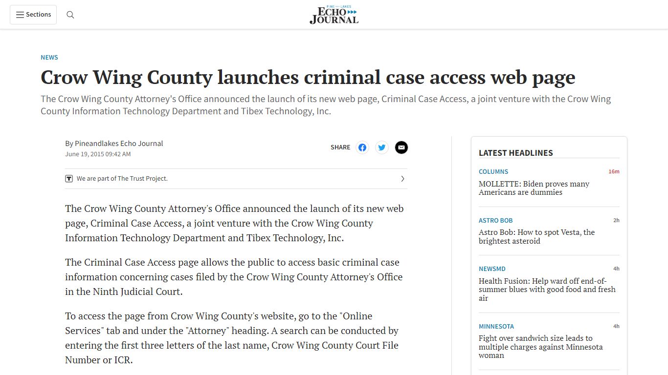 Crow Wing County launches criminal case access web page